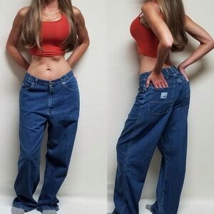VINTAGE 90s Lee Riveted Dark Wash Wide Leg High Rise Skater Loose Fit Jeans